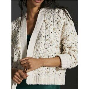 Anthropologie Embellished Cardigan Sweater One Size Ivory Beaded Pearl